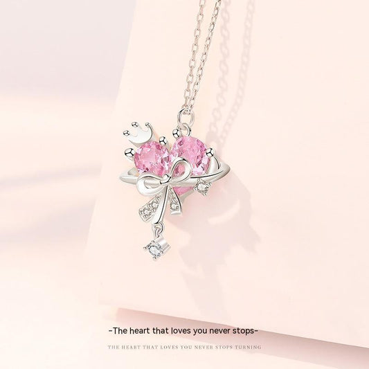 Planet Sweetheart Zircon Necklace and Ear Studs with Heart & Bow - 925 Silver