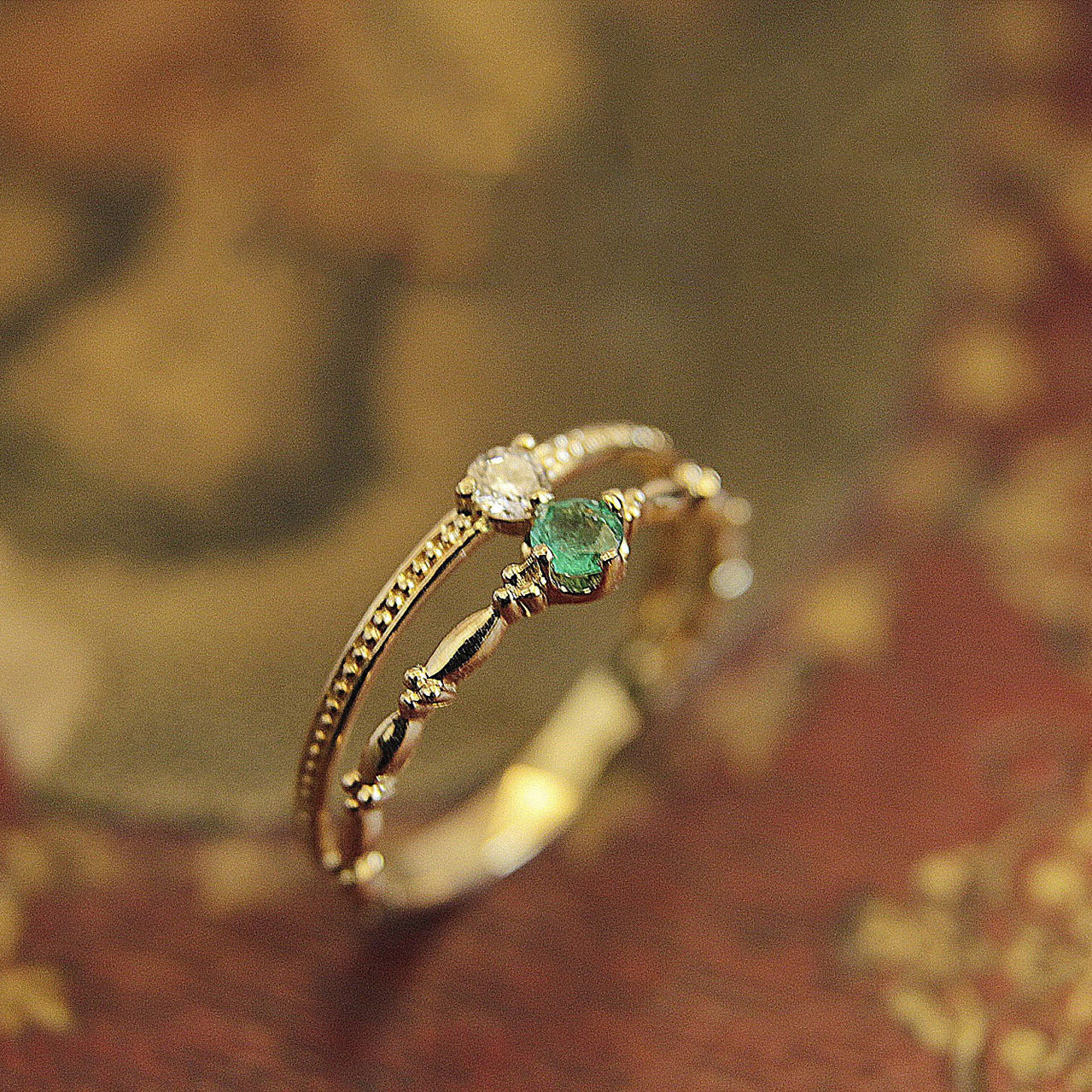 Sterling Silver Diamond-Embedded Gold-Plated Double-Layer Ring