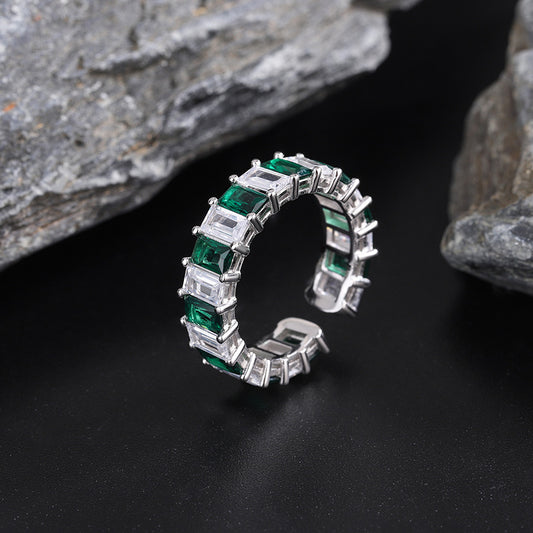 925 Sterling Silver Green Square Emerald Diamond Ring