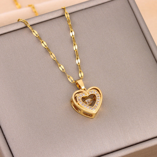Double-Layer Love Heart Necklace with Rhinestones